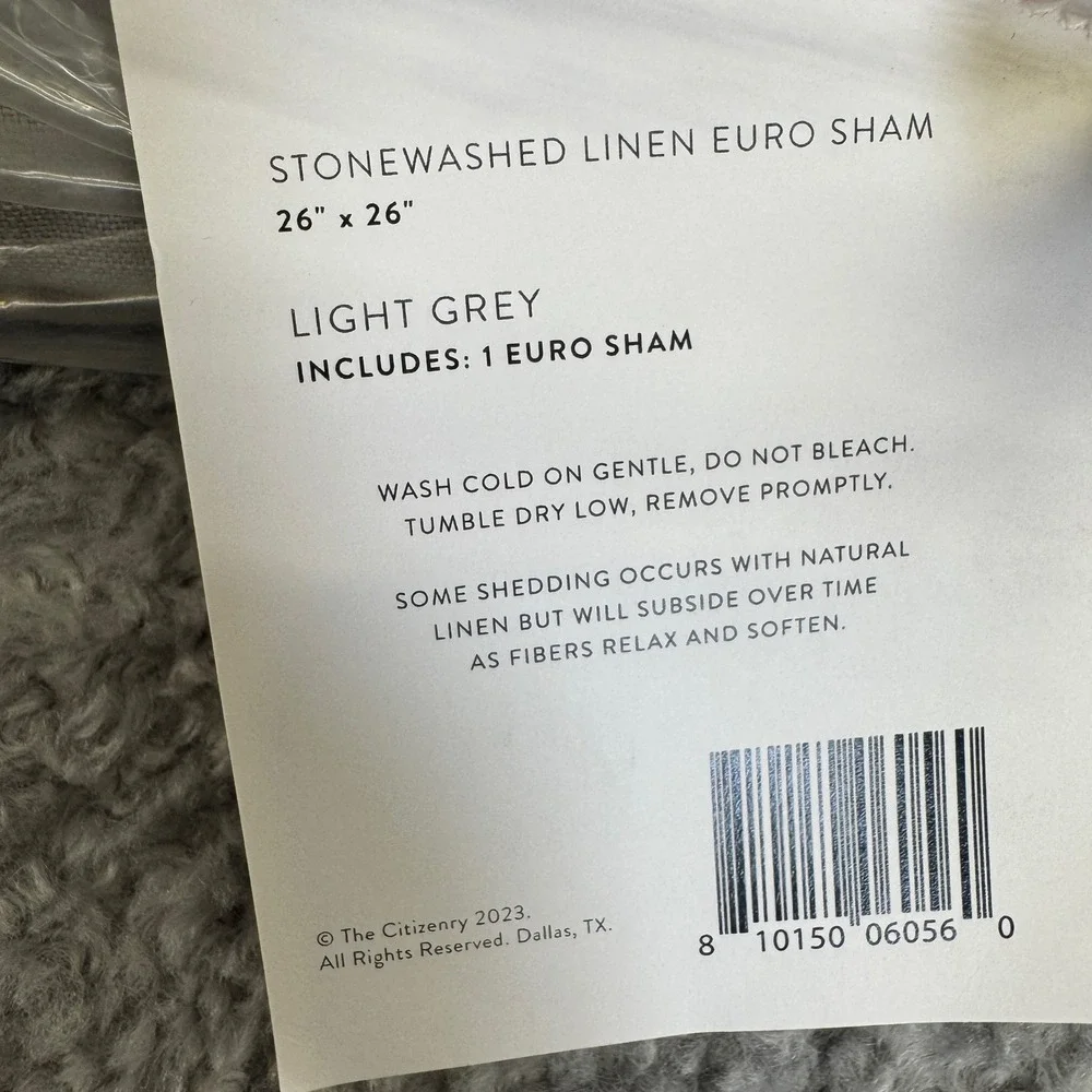 The Citizenry Stonewashed Linen Euro Shams, Light Grey, Set of 2, 26x26 NWT